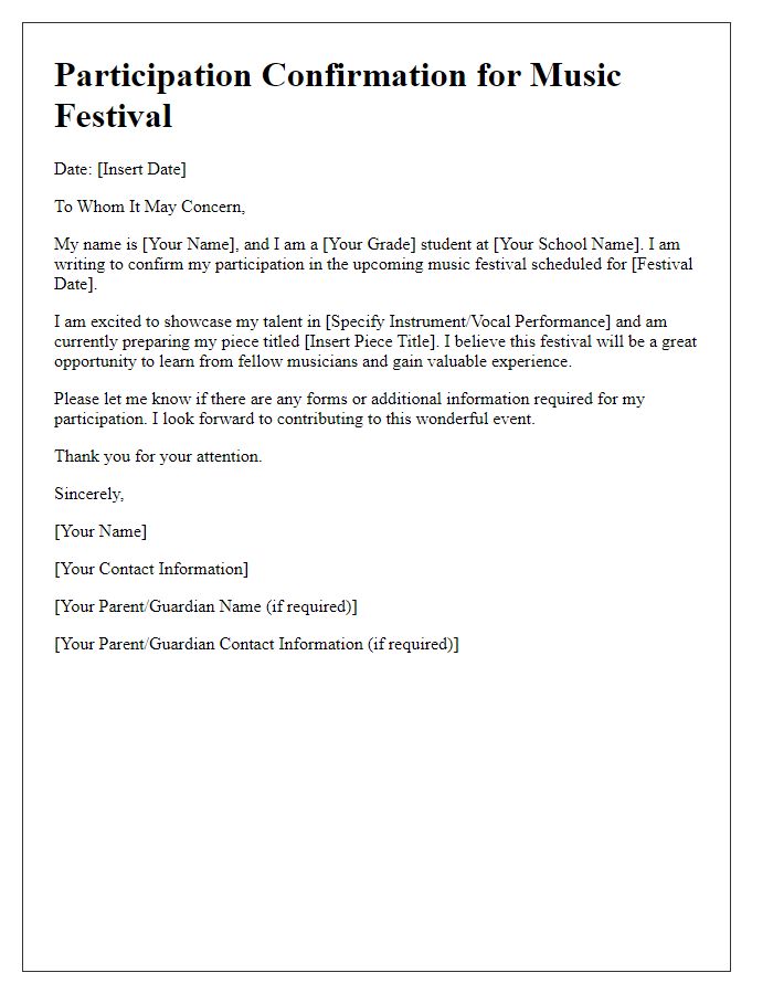 Letter template of student contest participation for music festival.