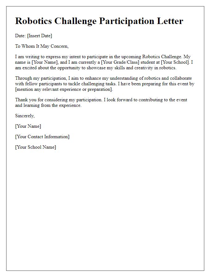 Letter template of student contest participation for robotics challenge.