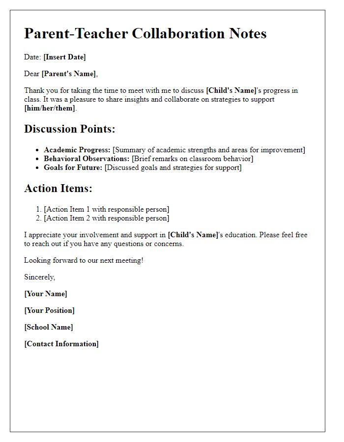 Letter template of parent-teacher collaboration notes