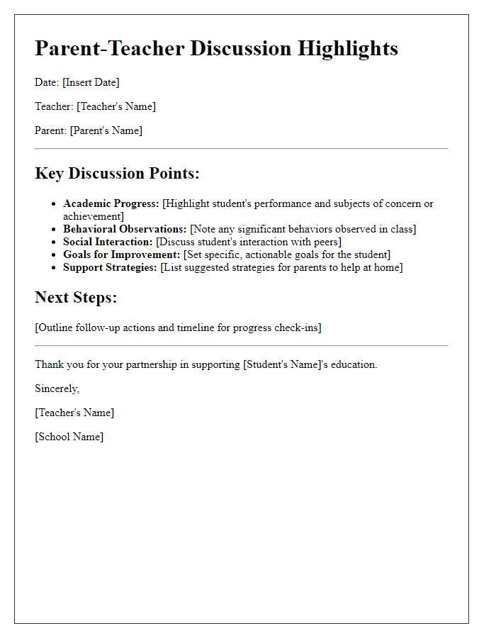 Letter template of parent-teacher discussion highlights