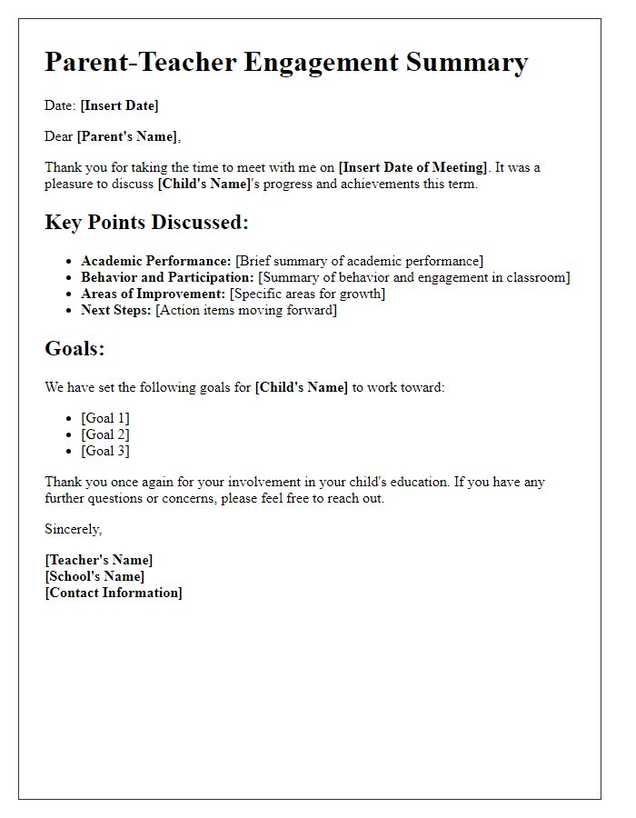 Letter template of parent-teacher engagement summary