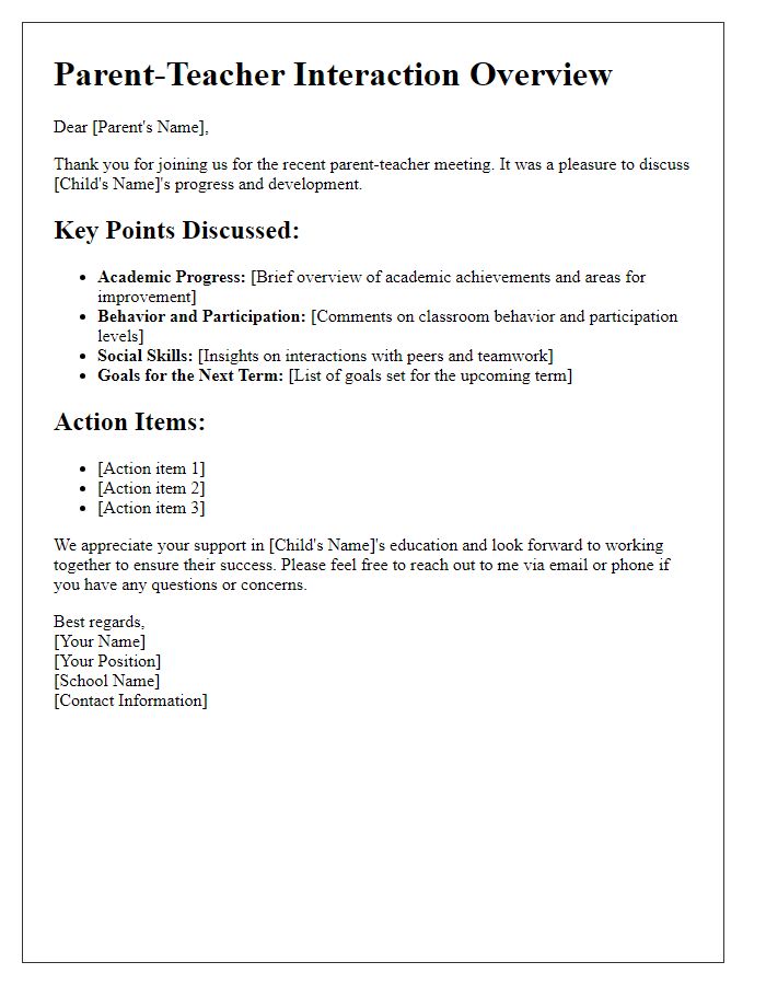 Letter template of parent-teacher interaction overview