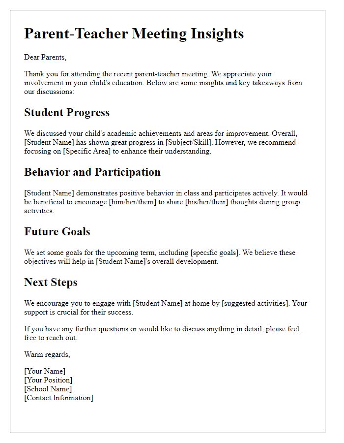 Letter template of parent-teacher meeting insights