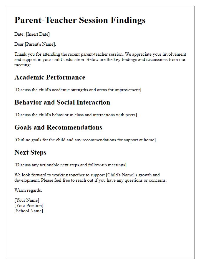 Letter template of parent-teacher session findings