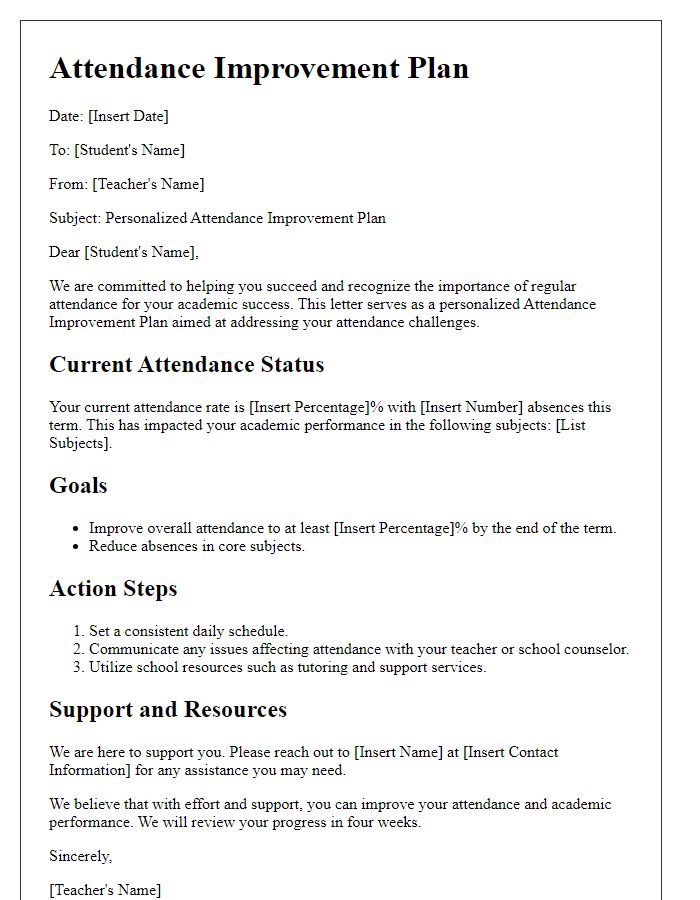 Letter template of personalized attendance improvement plan.