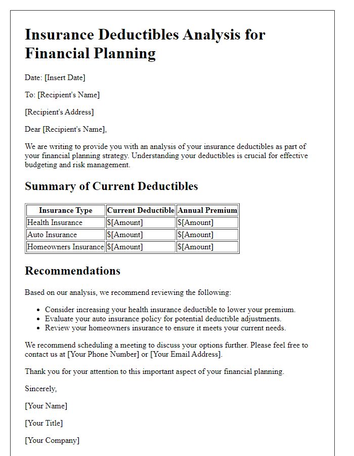 Letter template of insurance deductibles analysis for financial planning