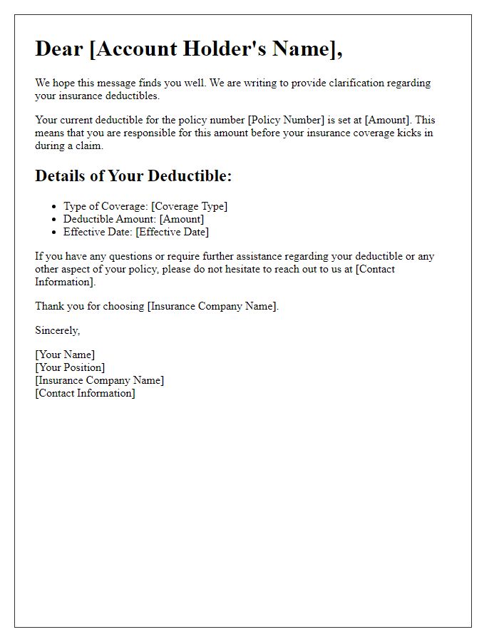 Letter template of insurance deductibles clarification for account holders