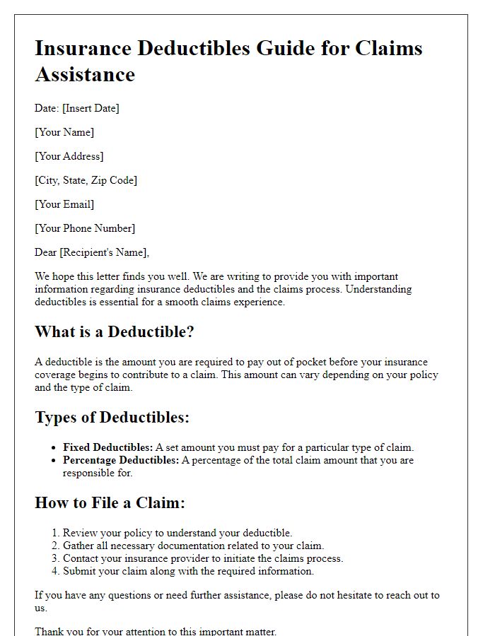 Letter template of insurance deductibles guide for claims assistance