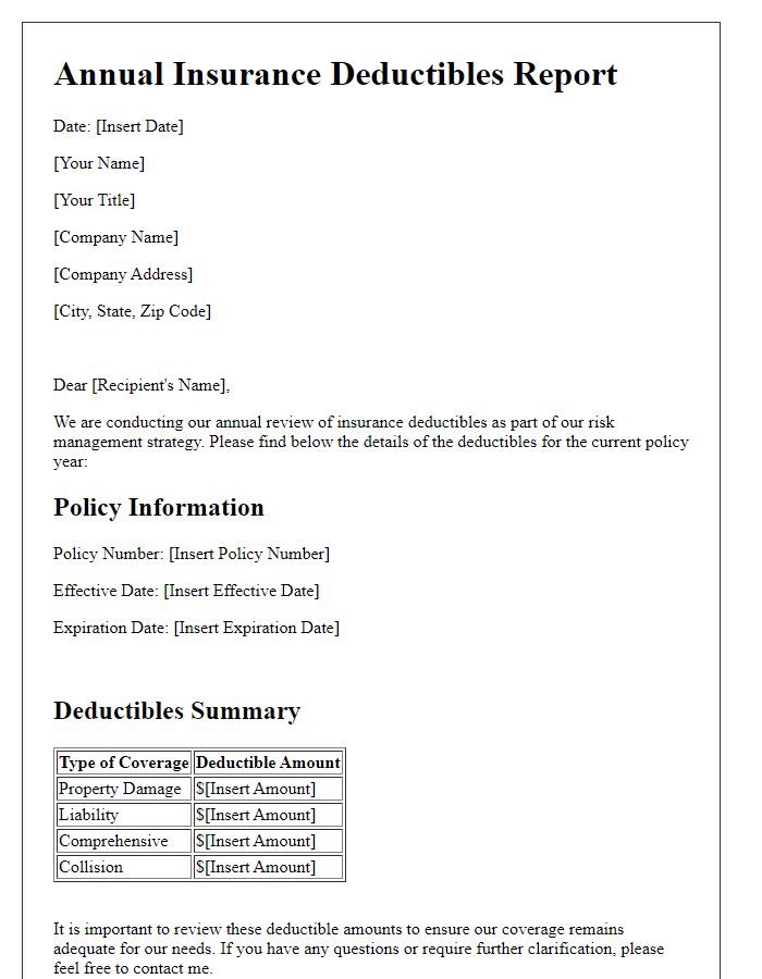 Letter template of insurance deductibles report for annual review