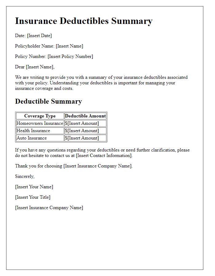 Letter template of insurance deductibles summary for policyholders