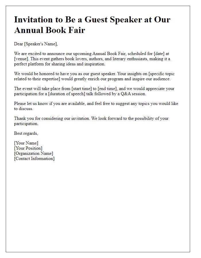 Letter template of guest speaker invitation for a book fair