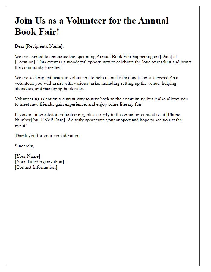 Letter template of volunteer recruitment for book fair