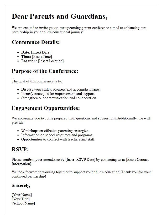 Letter template of parent conference engagement and partnership plan