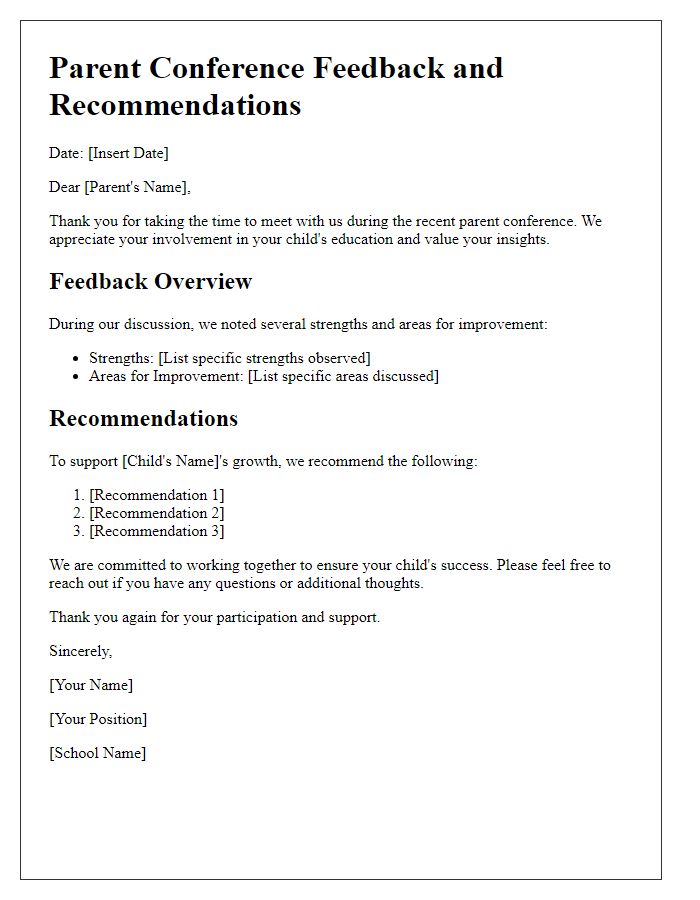 Letter template of parent conference feedback and recommendations