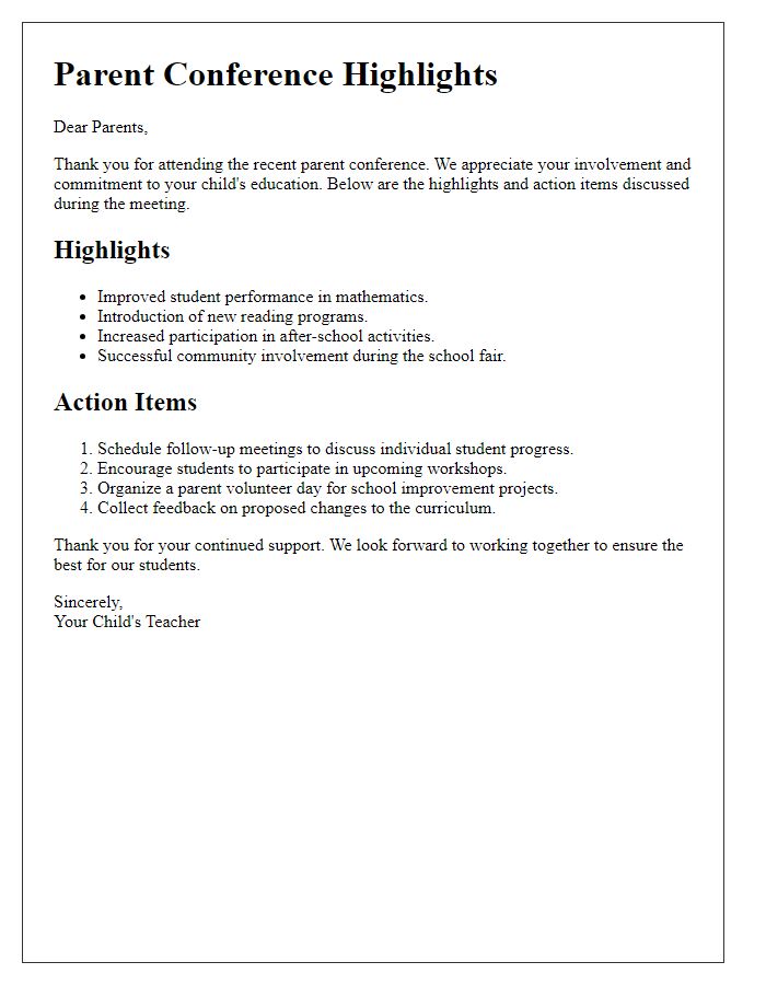 Letter template of parent conference highlights and action items