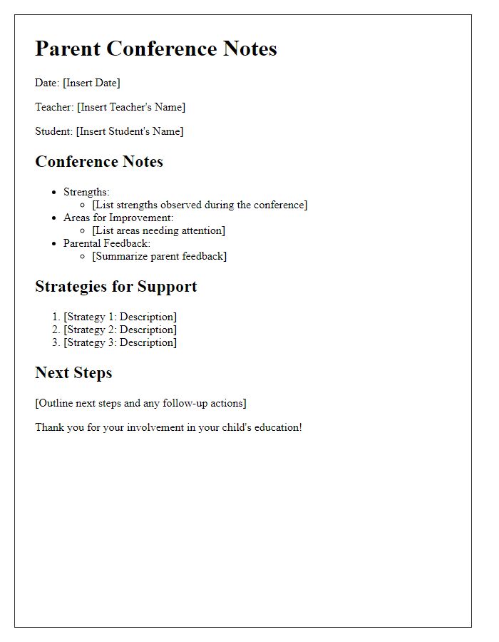 Letter template of parent conference notes and strategies