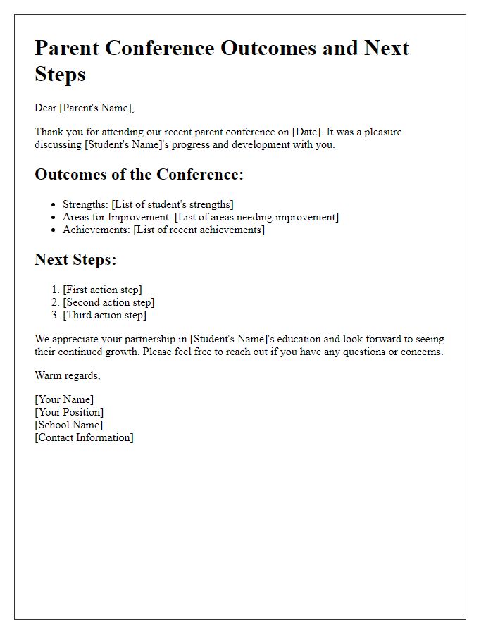 Letter template of parent conference outcomes and next steps