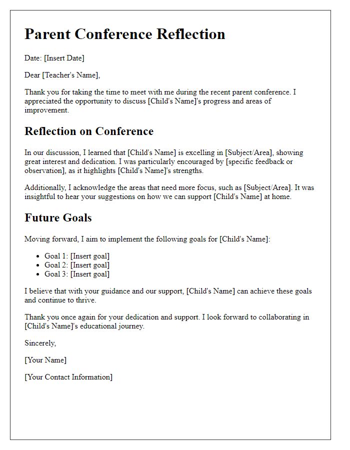 Letter template of parent conference reflection and future goals