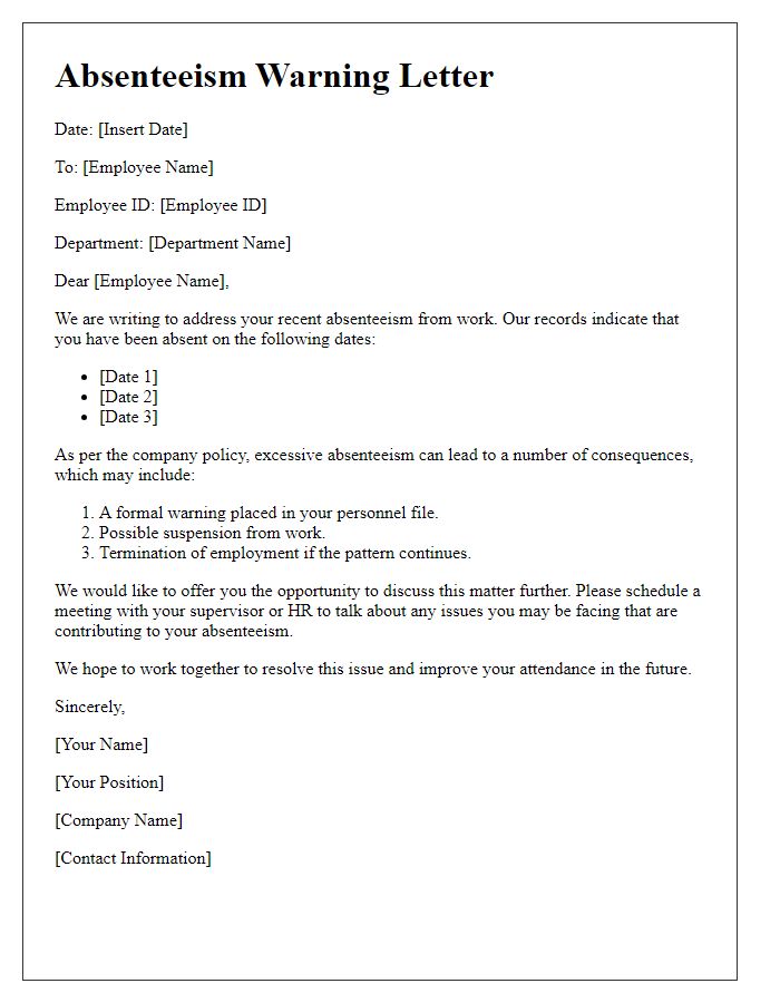 Letter template of Absenteeism Consequences