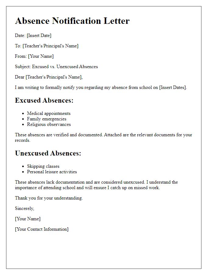 Letter template of Excused vs. Unexcused Absences Definition