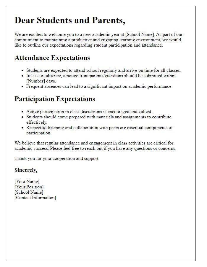 Letter template of Student Participation and Attendance Expectations