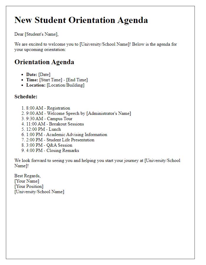 Letter template of agenda for new student orientation.