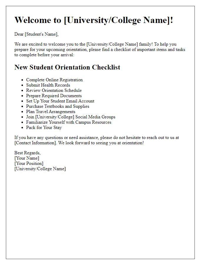 Letter template of checklist for new student orientation.