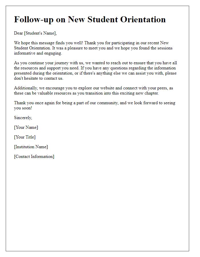 Letter template of follow-up for new student orientation.