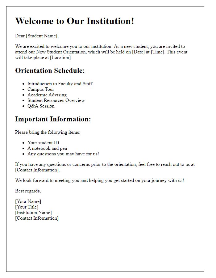 Letter template of information for new student orientation.