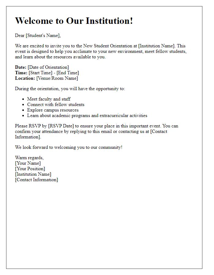 Letter template of invitation to new student orientation.