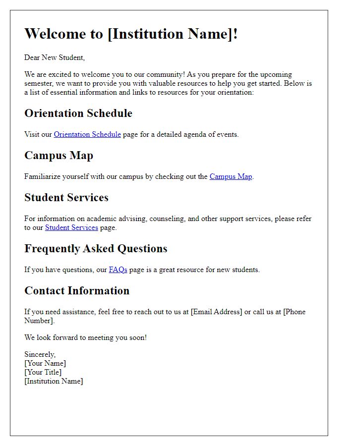 Letter template of resources for new student orientation.