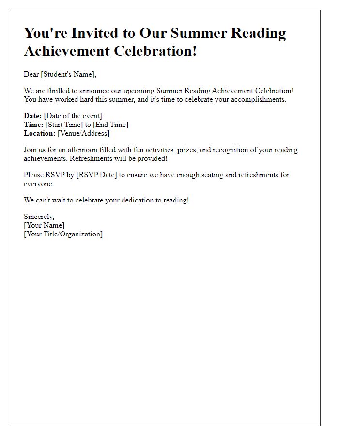 Letter template of summer reading achievement celebration