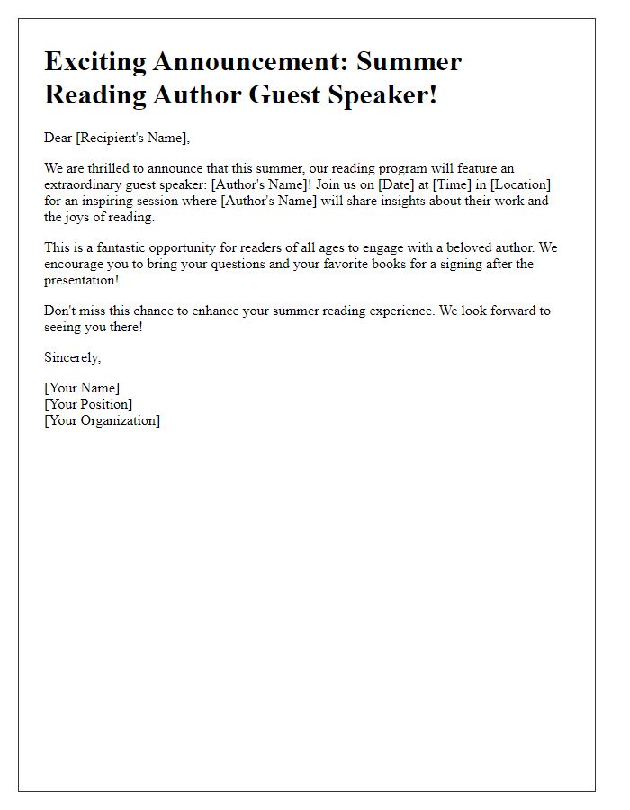 Letter template of summer reading author guest speaker announcement