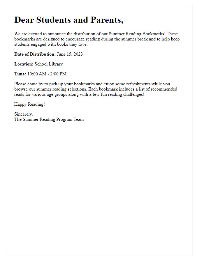 Letter template of summer reading bookmarks distribution