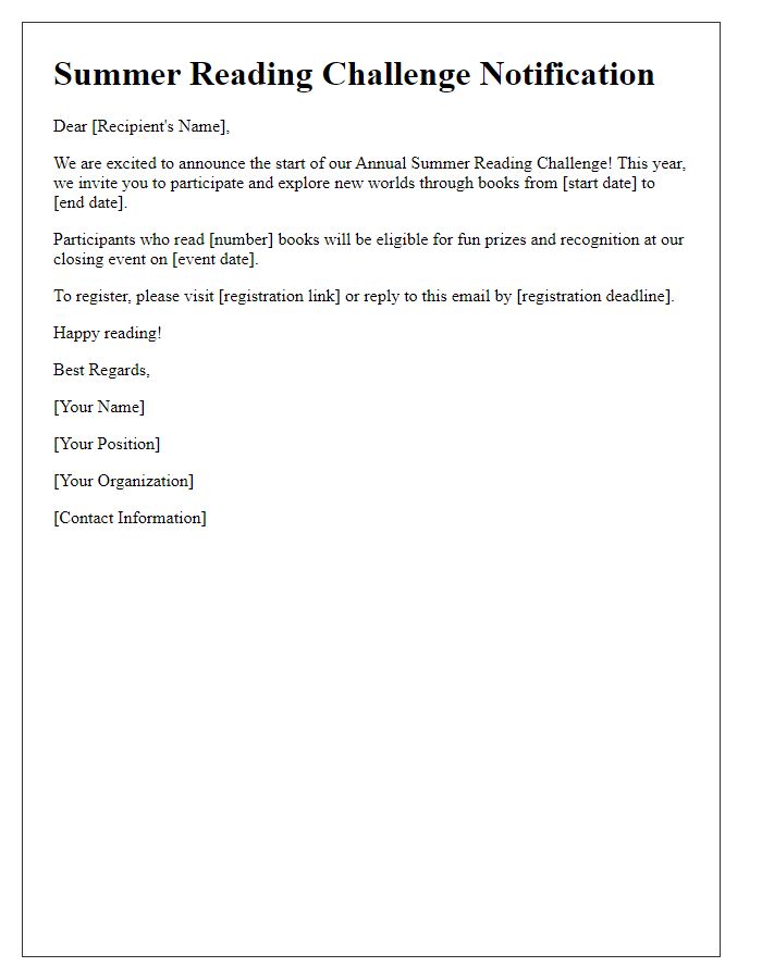 Letter template of summer reading challenge notification