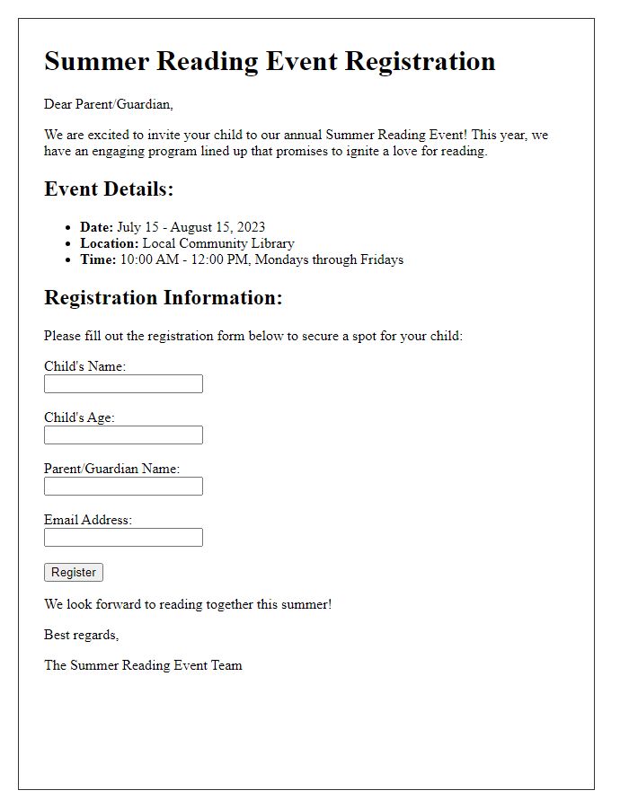 Letter template of summer reading event registration