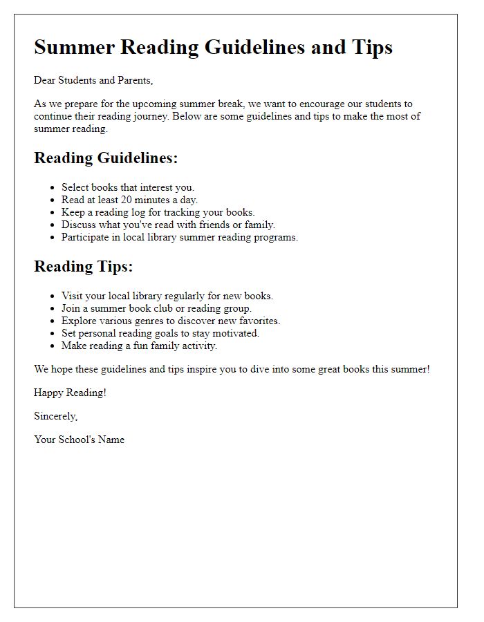 Letter template of summer reading guidelines and tips