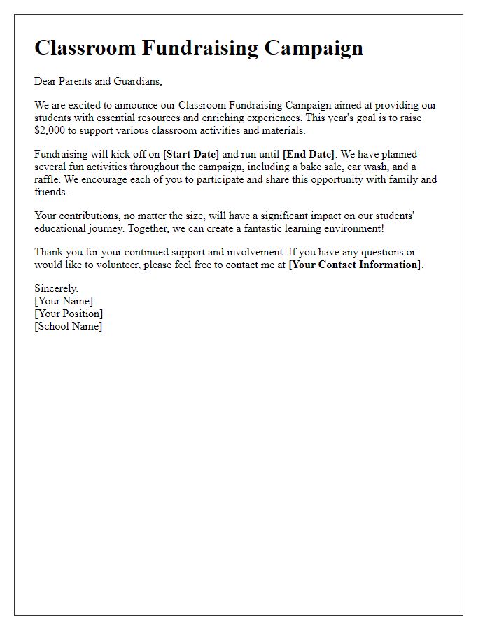 Letter template of Classroom Fundraising Campaign