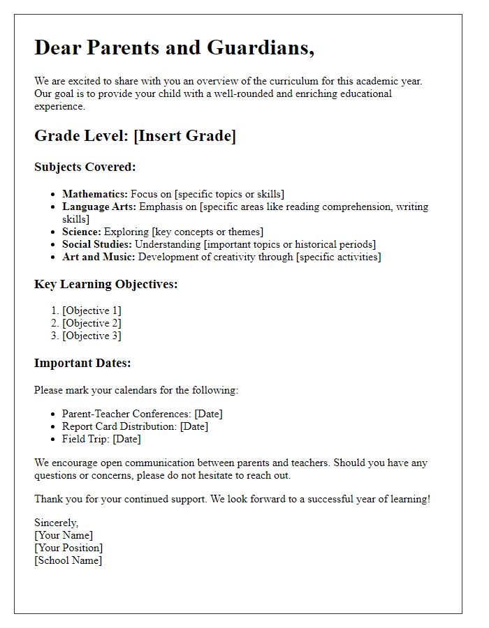 Letter template of Curriculum Overview for Parents