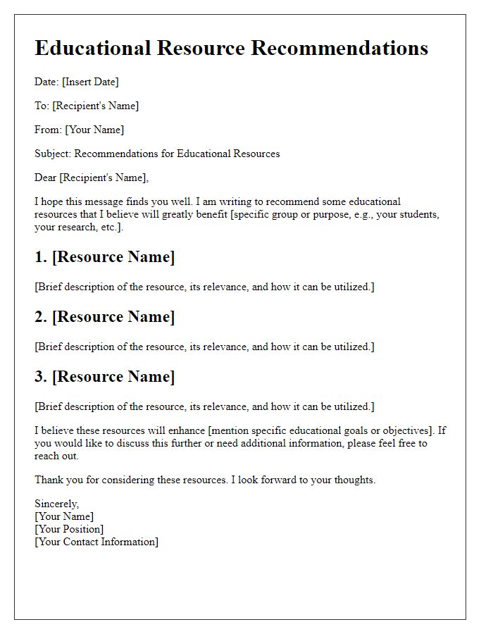 Letter template of Educational Resource Recommendations