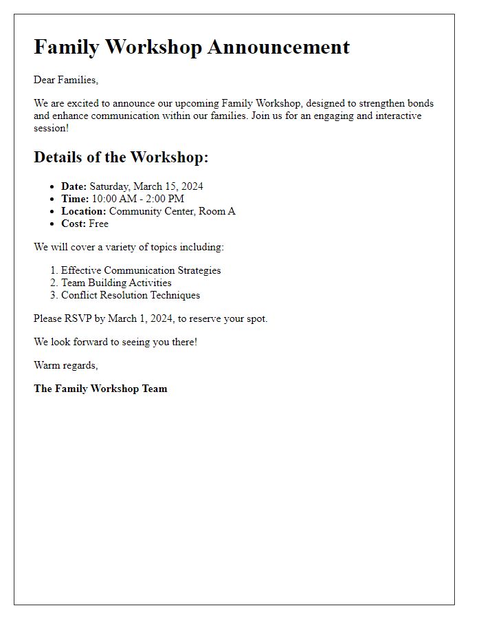 Letter template of Family Workshop Announcement