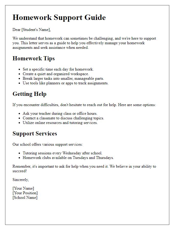 Letter template of Homework Support Guide