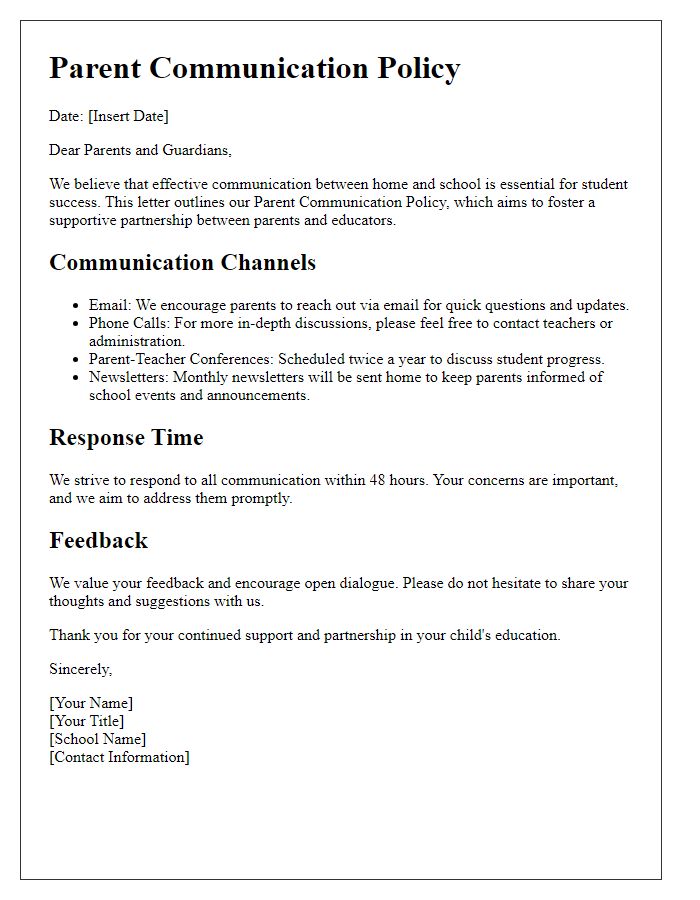 Letter template of Parent Communication Policy