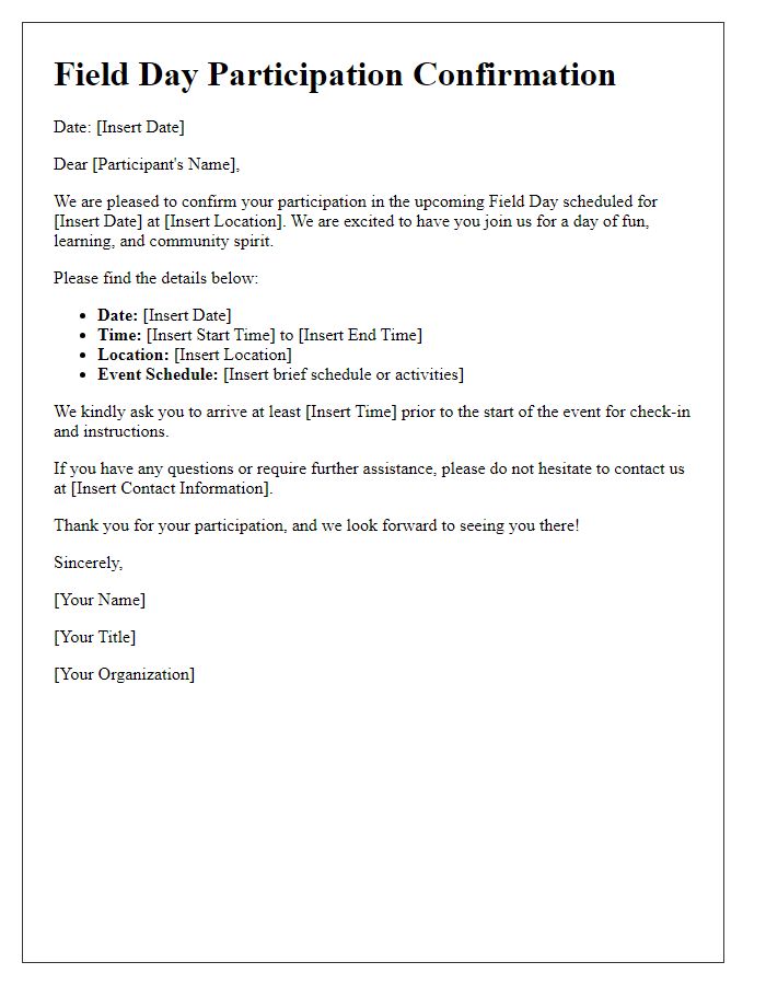 Letter template of confirmation for field day participation