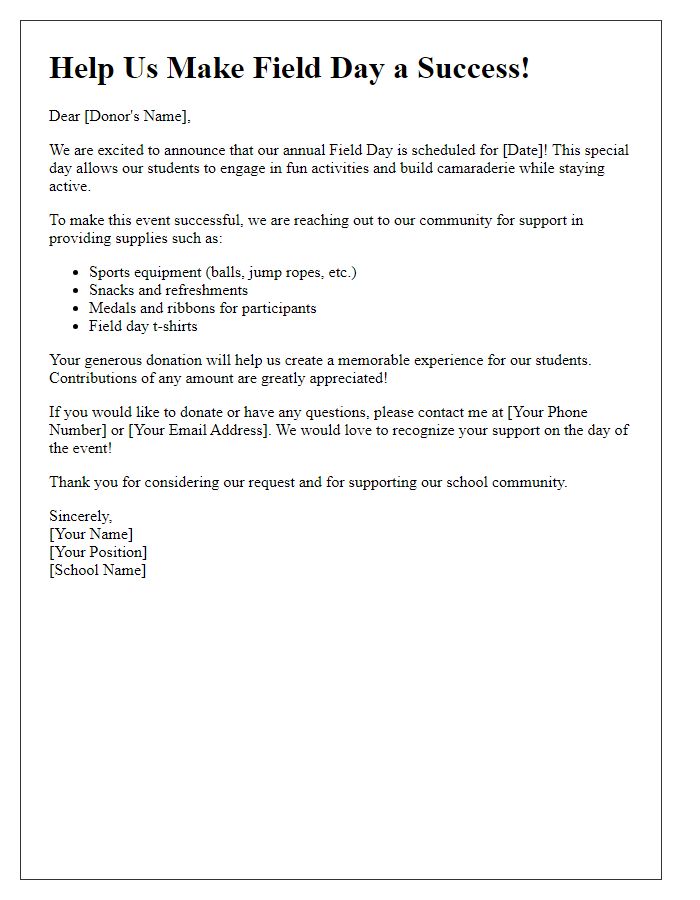 Letter template of donation appeal for school field day supplies