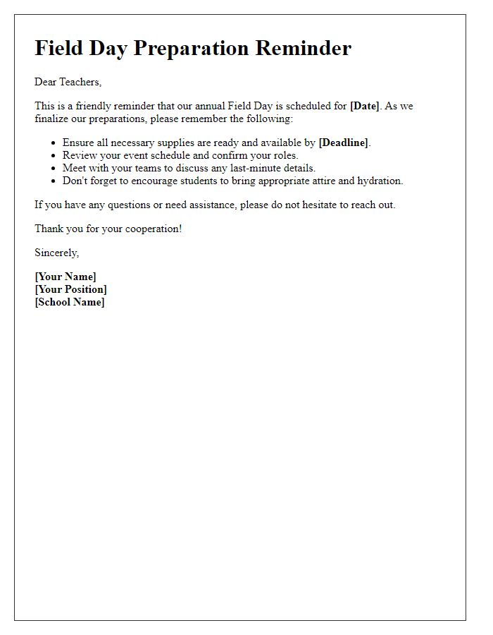 Letter template of reminder for teachers about field day preparations