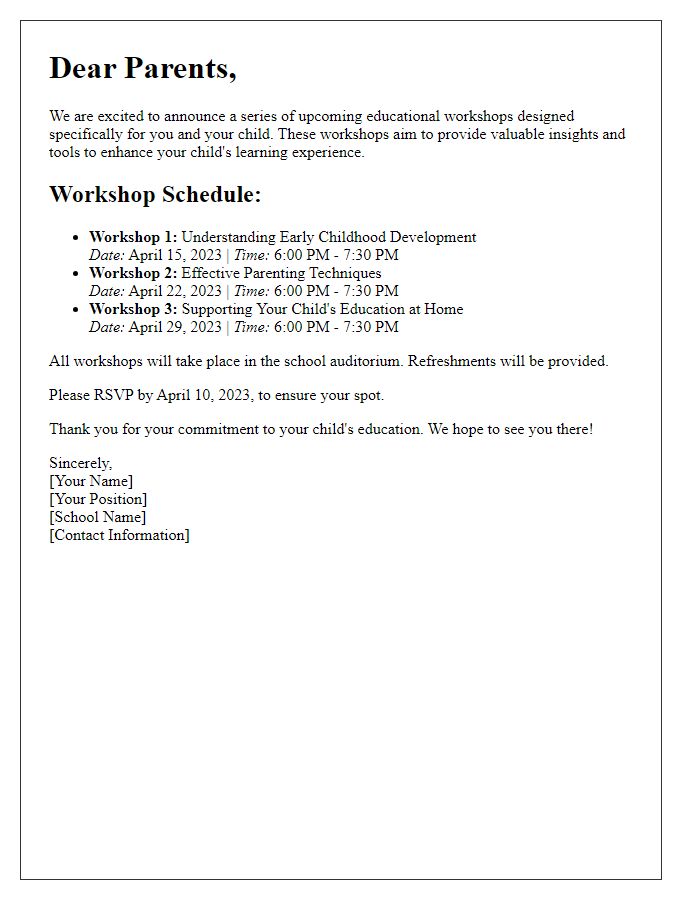 Letter template of announcement for upcoming educational workshops for parents.