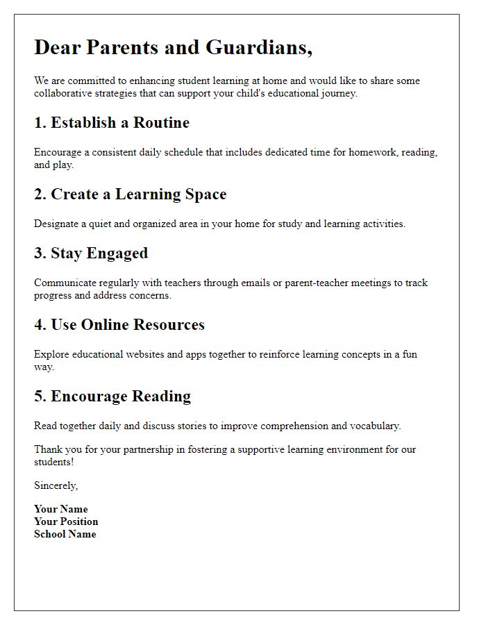 Letter template of collaborative strategies to enhance student learning at home.