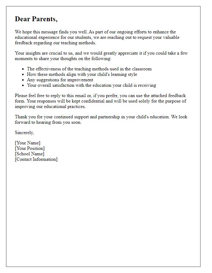 Letter template of feedback request from parents about teaching methods.