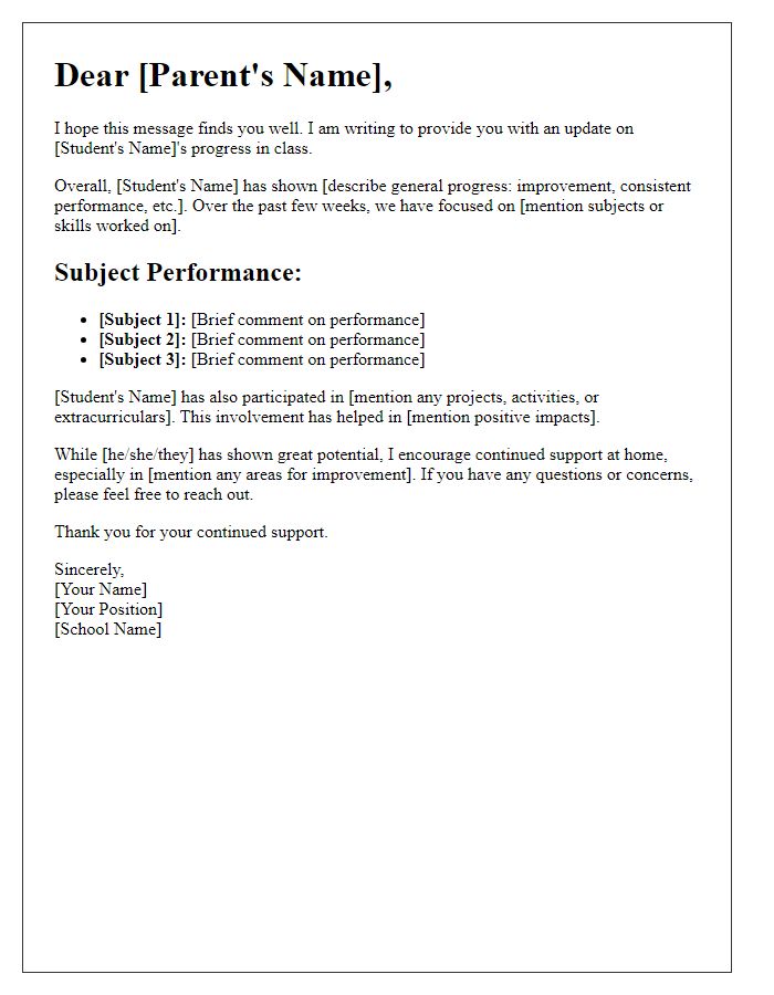 Letter template of progress update on student's performance for parents.